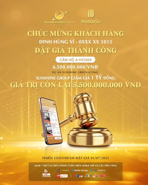 KẾT QUẢ LIVESTREAM ĐẶT GIÁ BĐS 1/7: SUNSHINE GROUP GIẢM GIÁ 1 TỶ ĐỒNG CHO KHÁCH HÀNG, TRÍCH 500 TRIỆU ĐỒNG/PHIÊN LÀM THIỆN NGUYỆN