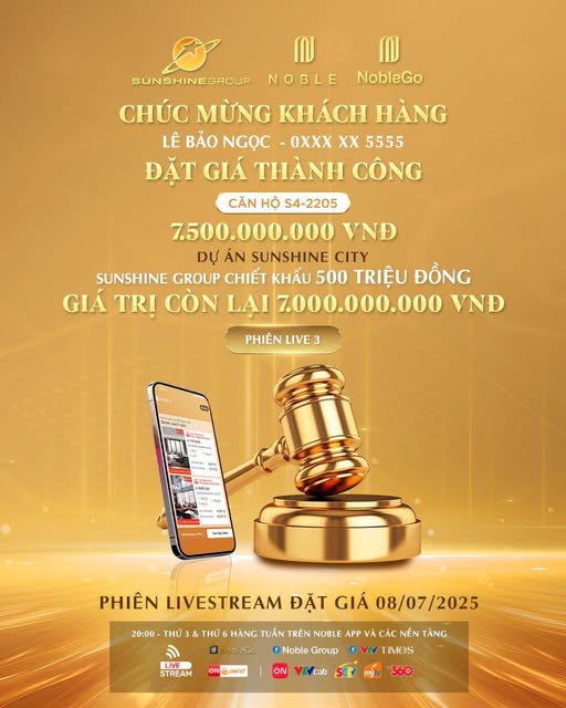 KẾT QUẢ NOBLEGO #3: CHÚC MỪNG CHỦ NHÂN MỚI SỞ HỮU CĂN HỘ “VỊ TRÍ KIM CƯƠNG” – S4-2205, SUNSHINE CITY